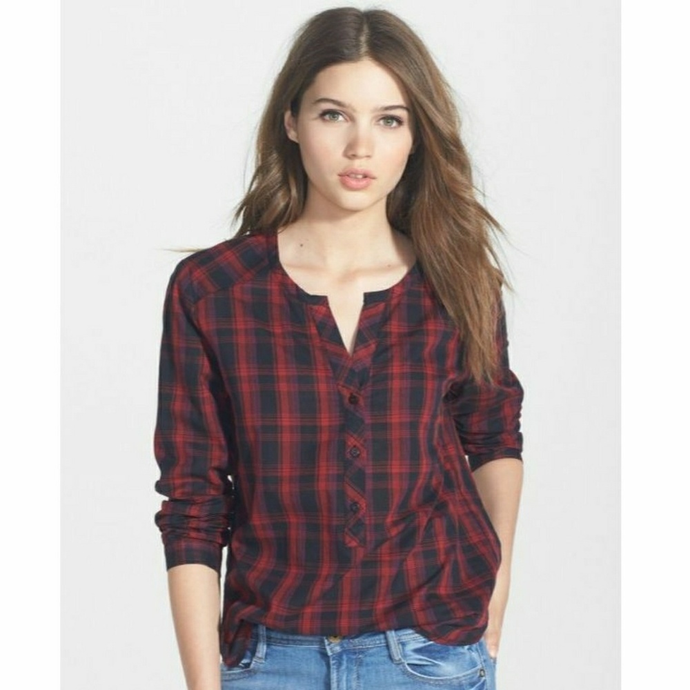 Ace Delivery Plaid Henley Shirt in Black and Red M